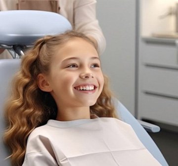 a child smiling while visiting her dentist